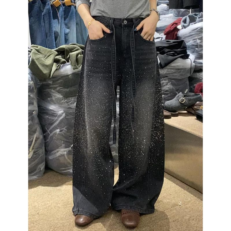 Women's Clothing Women's Plus Size Rhinestone Jeans Starry Sky Design Heavy Duty Wide Leg Pants Loose Fit Curved Hem Autumn Winter Fashion_mkmklike.com