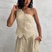 Women's Commuter Fashion Khaki Off-shoulder Cotton and Linen Vest Trousers Two-piece Set _mkmklike.com