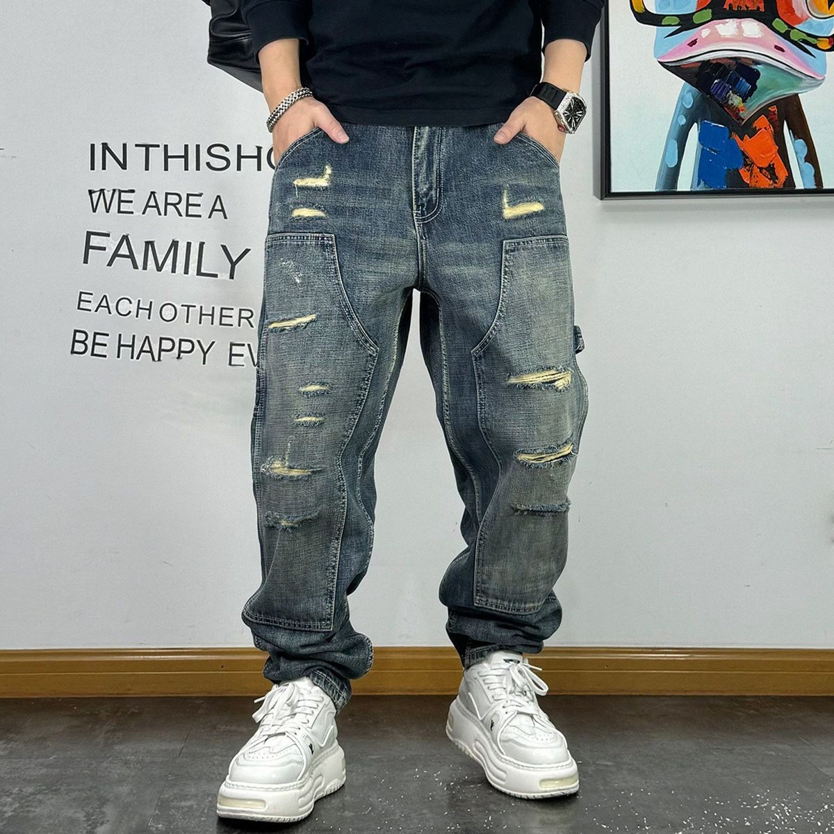 Men's Trendy Ripped Cargo Jeans Heavyweight Loose Straight Leg Tapered Trousers Retro High Street Style_mkmklike.com