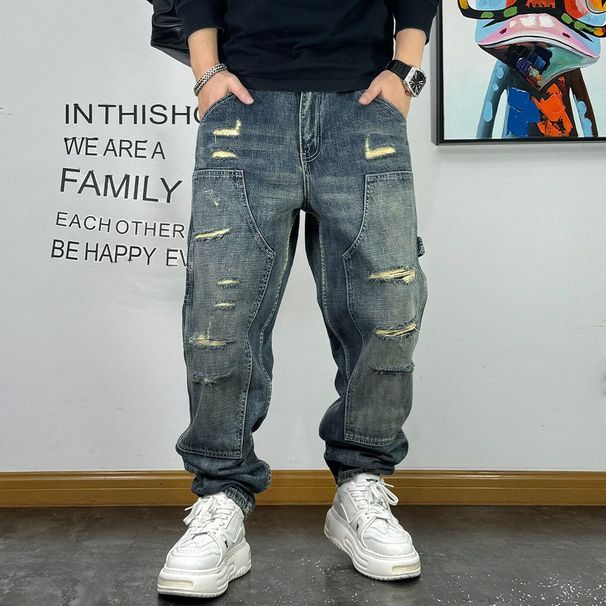 Men's Trendy Ripped Cargo Jeans Heavyweight Loose Straight Leg Tapered Trousers Retro High Street Style_mkmklike.com