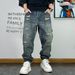 Men's Trendy Ripped Cargo Jeans Heavyweight Loose Straight Leg Tapered Trousers Retro High Street Style_mkmklike.com