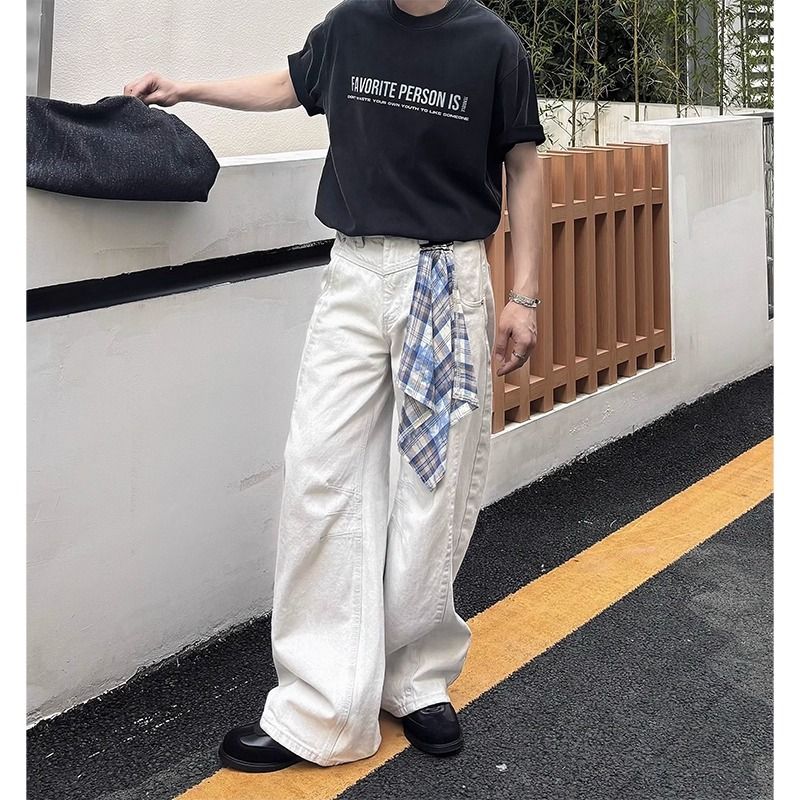 Men's Clothing Vintage Washed White American Bowie Jeans For Men - Relaxed Fit Straight Leg Denim Pants With Bandana (S-XXXL)_mkmklike.com
