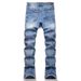 Men's High-Street Washed Blue Print Crystal Rhinestone Distressed Slim Fit Flared Denim Jeans_mkmklike.com
