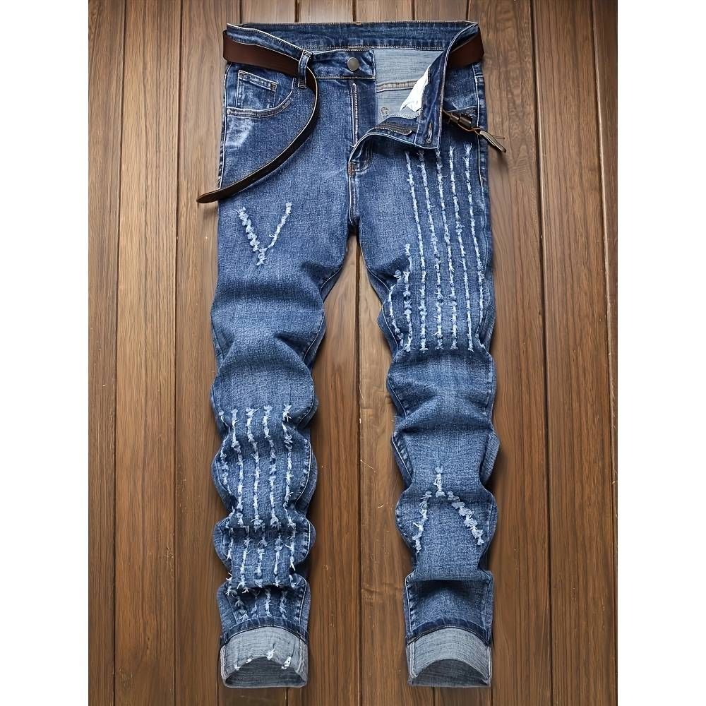Men's Clothing Slim Fit Fashionable Design Men's Slim Fit Straight Leg Jeans - Classic Blue Washed Denim Pants With Cat Claw Design For Casual Wear_mkmklike.com