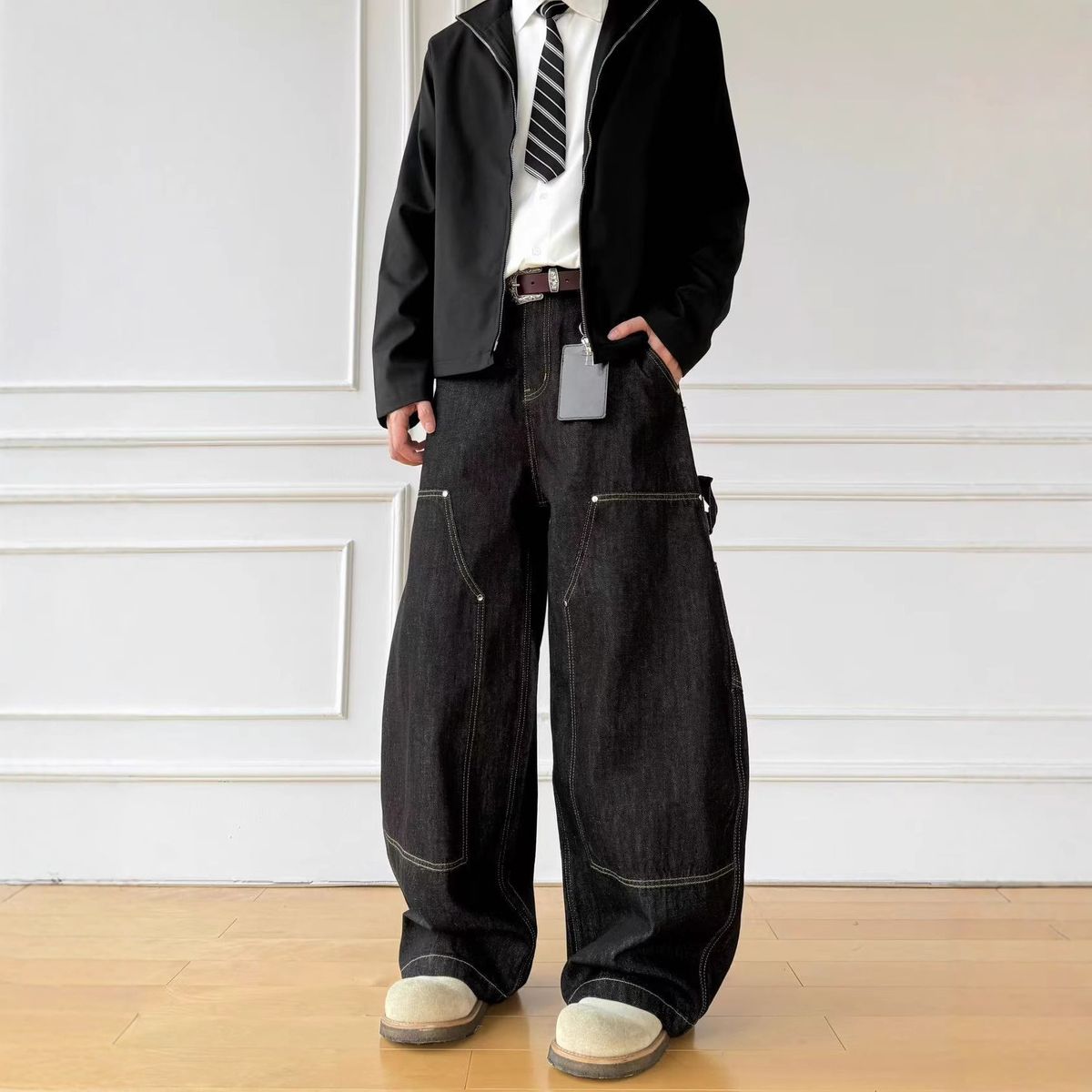 Men's Clothing Retro Vintage Washed Denim Carpenter Jeans For Men & Women - Loose Fit Wide Leg Workwear Pants With Distressed Details_mkmklike.com