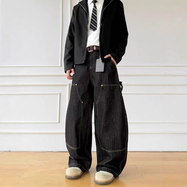 Men's Clothing Retro Vintage Washed Denim Carpenter Jeans For Men & Women - Loose Fit Wide Leg Workwear Pants With Distressed Details_mkmklike.com