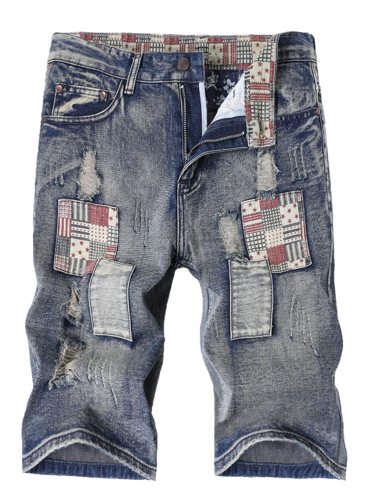 Men's Slim Fit Denim Shorts Mid Length Ripped And Patched Straight Leg Distressed Summer Style_mkmklike.com
