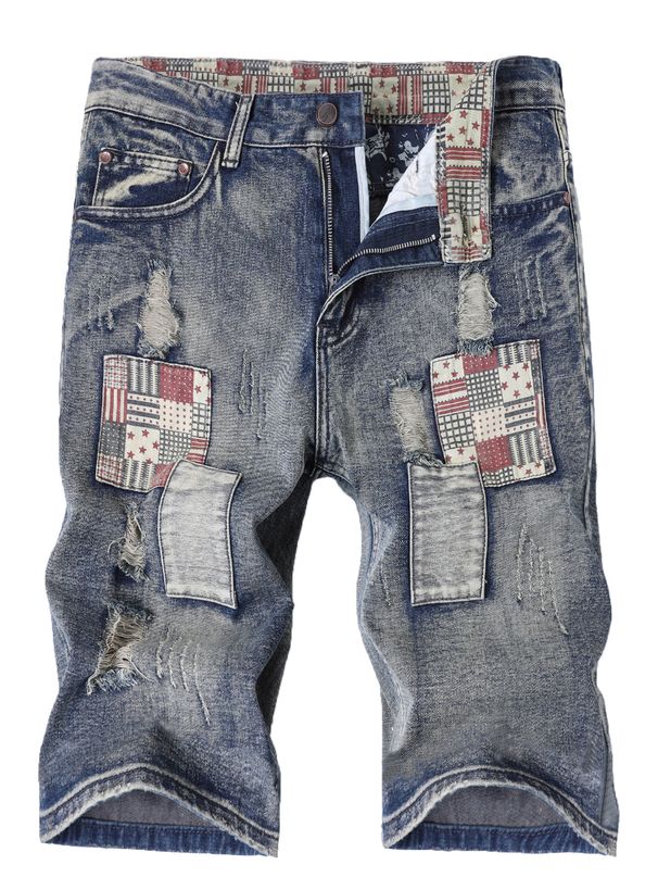 Men's Slim Fit Denim Shorts Mid Length Ripped And Patched Straight Leg Distressed Summer Style_mkmklike.com
