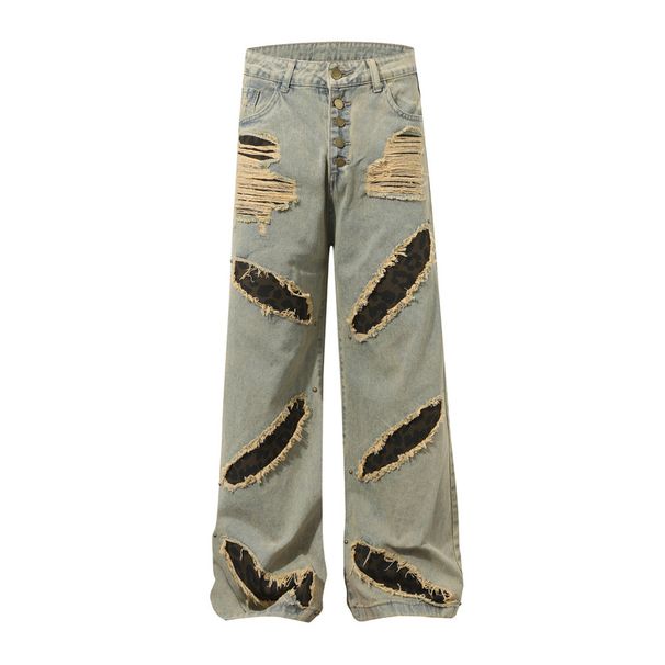 Post-Apocalyptic Heavy-Duty Distressed Patch Washed Denim Wide-Leg Men's Metal Button Open Front Color-Block Design Long_mkmklike.com