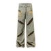 Post-Apocalyptic Heavy-Duty Distressed Patch Washed Denim Wide-Leg Men's Metal Button Open Front Color-Block Design Long_mkmklike.com