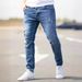 Men's Slim Fit Stretch Jeans - British Style Washed Denim, Mid-Rise With Zip Detail (Light Blue/Black/Gray, S-2XL)_mkmklike.com