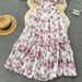 Women's square neck puff sleeve floral dress female waist temperament super fairy chiffon long dress_mkmklike.com