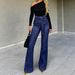 High Waisted Cross Strap Flared Jeans Dark Blue Slimming Wide Leg Women's Stylish Denim Flared Pants_mkmklike.com