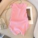 Women's Pink Tassel Knitted Small Camisole + High Waist Wide Leg Casual Shorts_mkmklike.com
