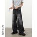 Men's Clothing American High-street Style Lightning Stripe Washed Denim Jeans For Men, Trendy, Versatile, Loose-fitting Straight Leg Trousers_mkmklike.com