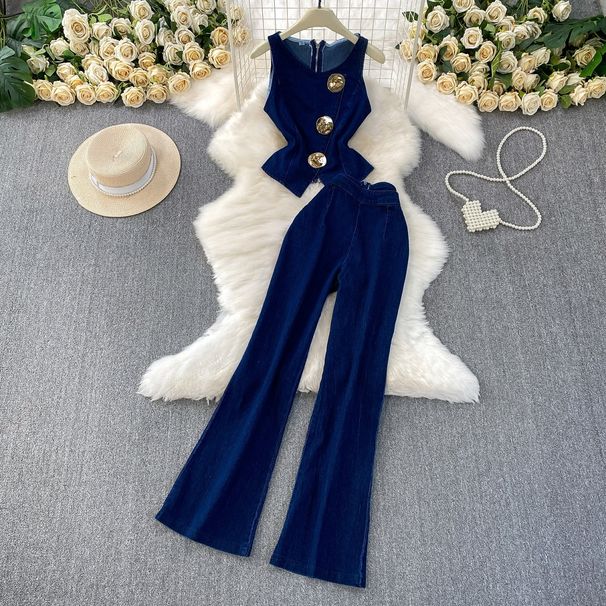 Trendy Denim Vest & Wide-Leg Pants Set – Chic Metal Button Waistcoat + High-Waisted Flowy Trousers_mkmklike.com