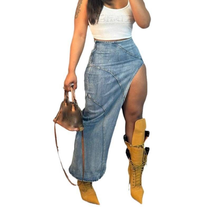 Women's Clothing Slim Fit Sexy Split Stretch Denim Skirt_mkmklike.com