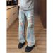 Rose Full Of Ripped Jeans Men's Summer Ruffian Handsome High-end Pants American High Street Vibe Micro-pull Pants Men_mkmklike.com