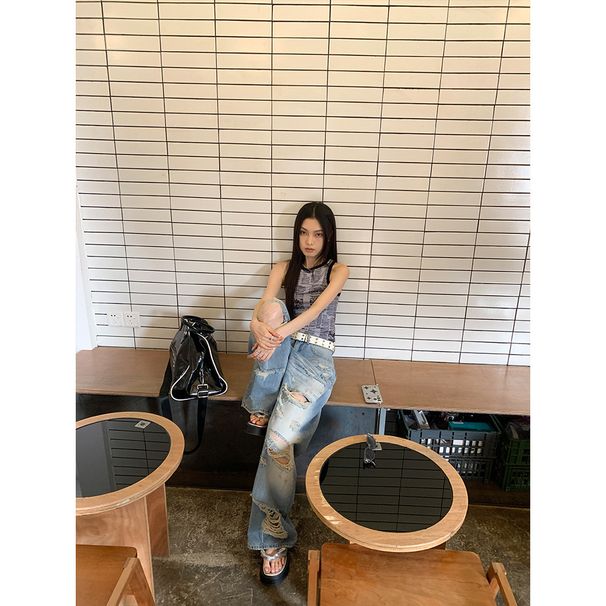 9-Hour High Street Ripped Jeans For Women In Summer 2025, New Loose Wide Leg Floor Pants 90538_mkmklike.com