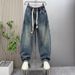 "Streetwear Straight-Leg Jeans For Tall Men – Distressed Denim, Rope Drawstring Waist, Baggy Cargo Pants With Hand-Painted Details_mkmklike.com
