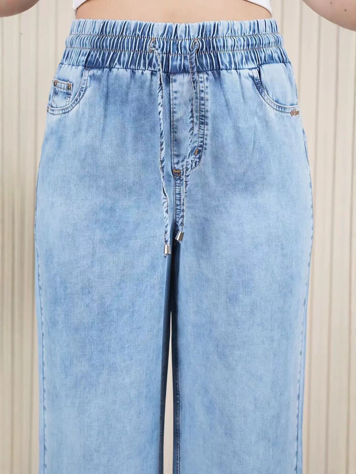 Light Blue Washed Soft Denim Wide Leg Pants High Waisted Elastic Drawstring Hip Covering Slimming Casual Long Trousers for Women_mkmklike.com
