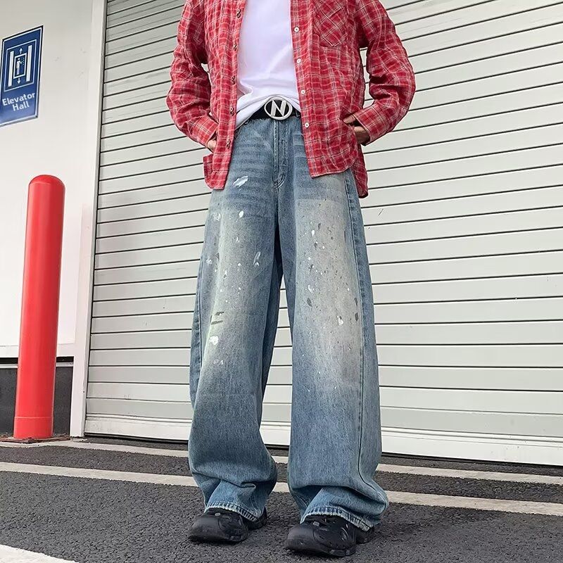 Retro American Men's Jeans Cross-Border Trade Loose Straight Leg Pants mid Waist Cotton Black Blue Wide Leg Non-Stretch_mkmklike.com
