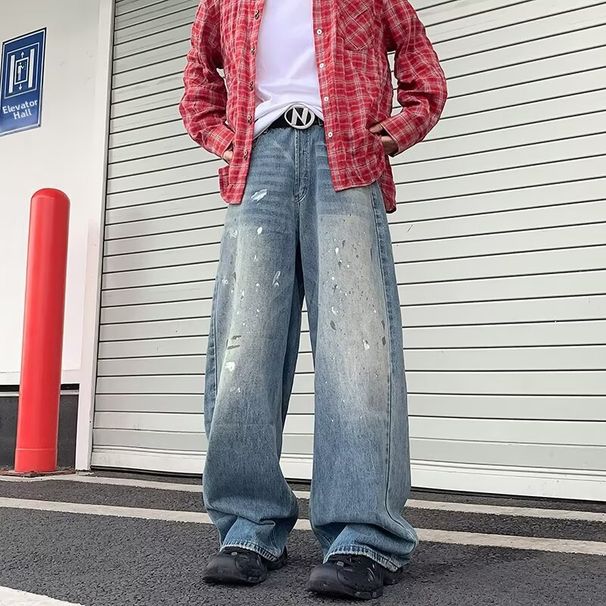 Retro American Men's Jeans Cross-Border Trade Loose Straight Leg Pants mid Waist Cotton Black Blue Wide Leg Non-Stretch_mkmklike.com