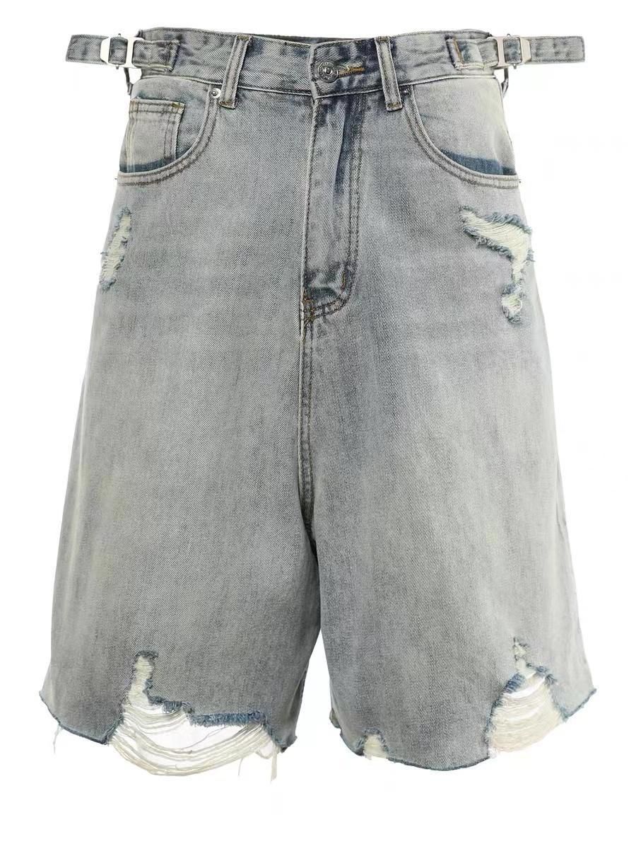 Men's Vintage Washed Denim Shorts - Light Blue Distressed Hem Casual 5-Inch Shorts For Summer Versatile Styling_mkmklike.com