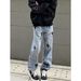 Men's Ice Blue Lightning Embroidered Jeans - Slim Fit Straight Leg & Slight Flare Denim Pants For Summer, Retro High Street Style_mkmklike.com