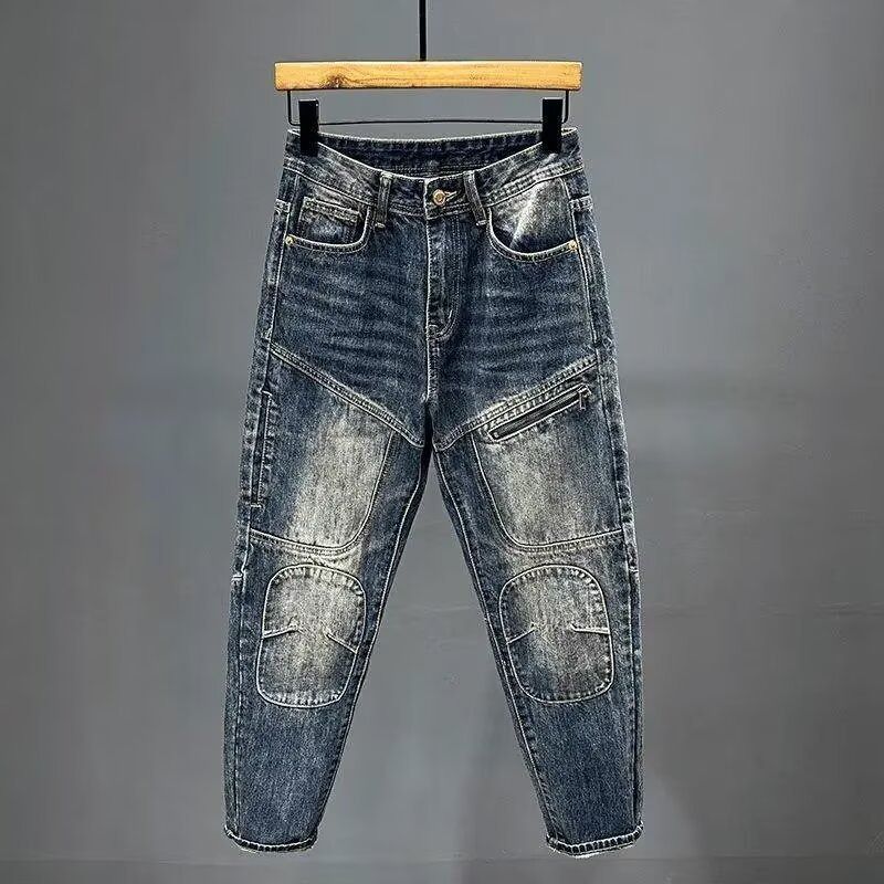 Men's Slim Fit Motorcycle Jeans Trendy Edgy Zipper Pockets Patchwork Design Tapered Leg mid Waist Blue Cotton Stretch Jeans_mkmklike.com