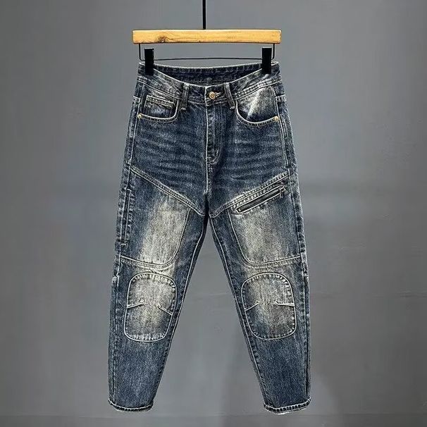 Men's Slim Fit Motorcycle Jeans Trendy Edgy Zipper Pockets Patchwork Design Tapered Leg mid Waist Blue Cotton Stretch Jeans_mkmklike.com