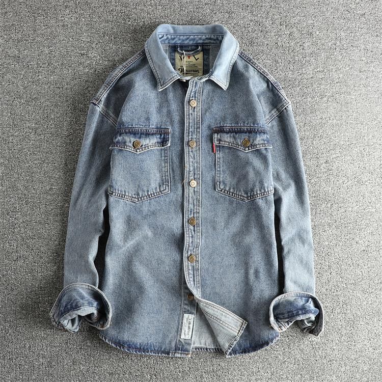 Men's Clothing Men's Retro Trendy Washed Distressed Denim Long Sleeved Shirt Casual Workwear Style Youth Jacket_mkmklike.com