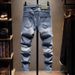 Men's Distressed Slim-Fit Jeans – Premium Washed Denim With Artistic Patchwork & Ripped Details (Sizes 27-36, 5 Colors)_mkmklike.com