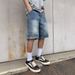 Washed Distressed Patchwork Denim Shorts Loose Fit Straight Leg Low Waist Blue Summer Fashion_mkmklike.com