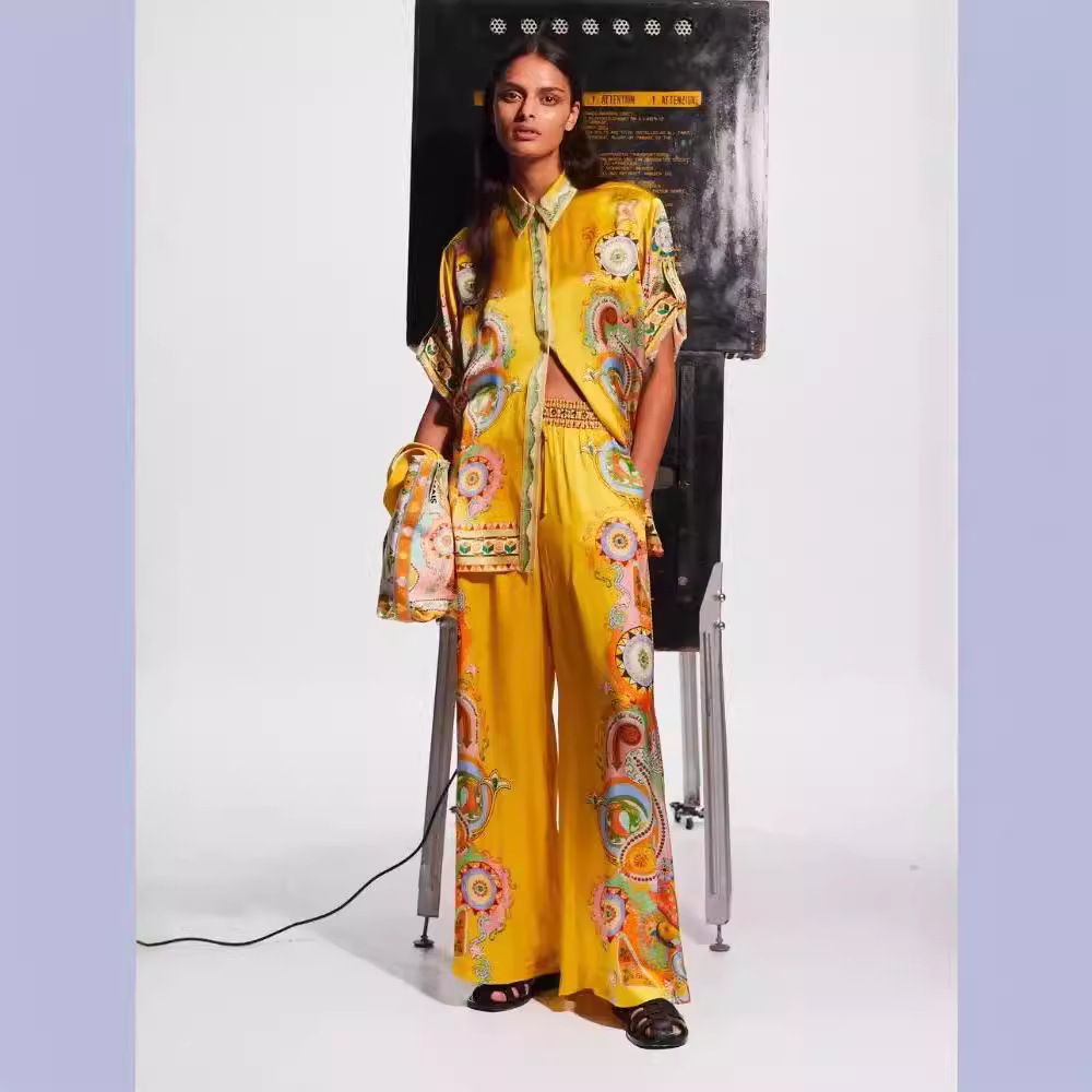 Women's Clothing fashion satin print flower short-sleeved holiday leisure tie suit_mkmklike.com