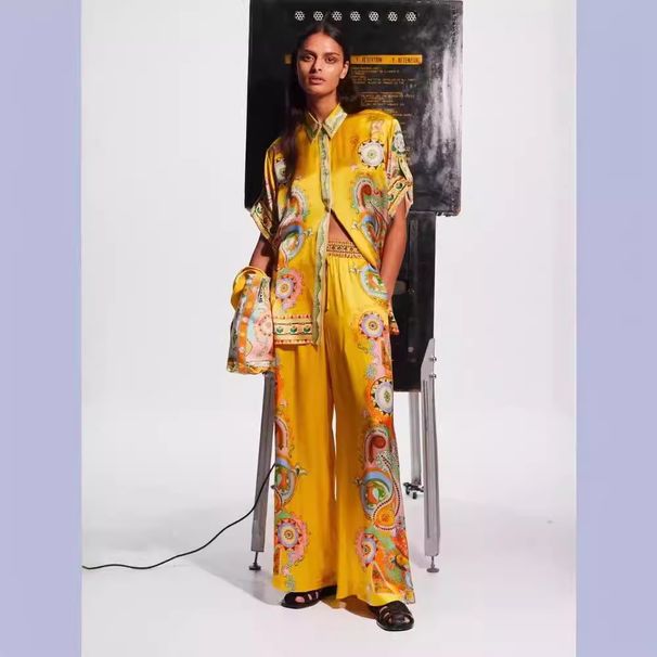 Women's Clothing fashion satin print flower short-sleeved holiday leisure tie suit_mkmklike.com