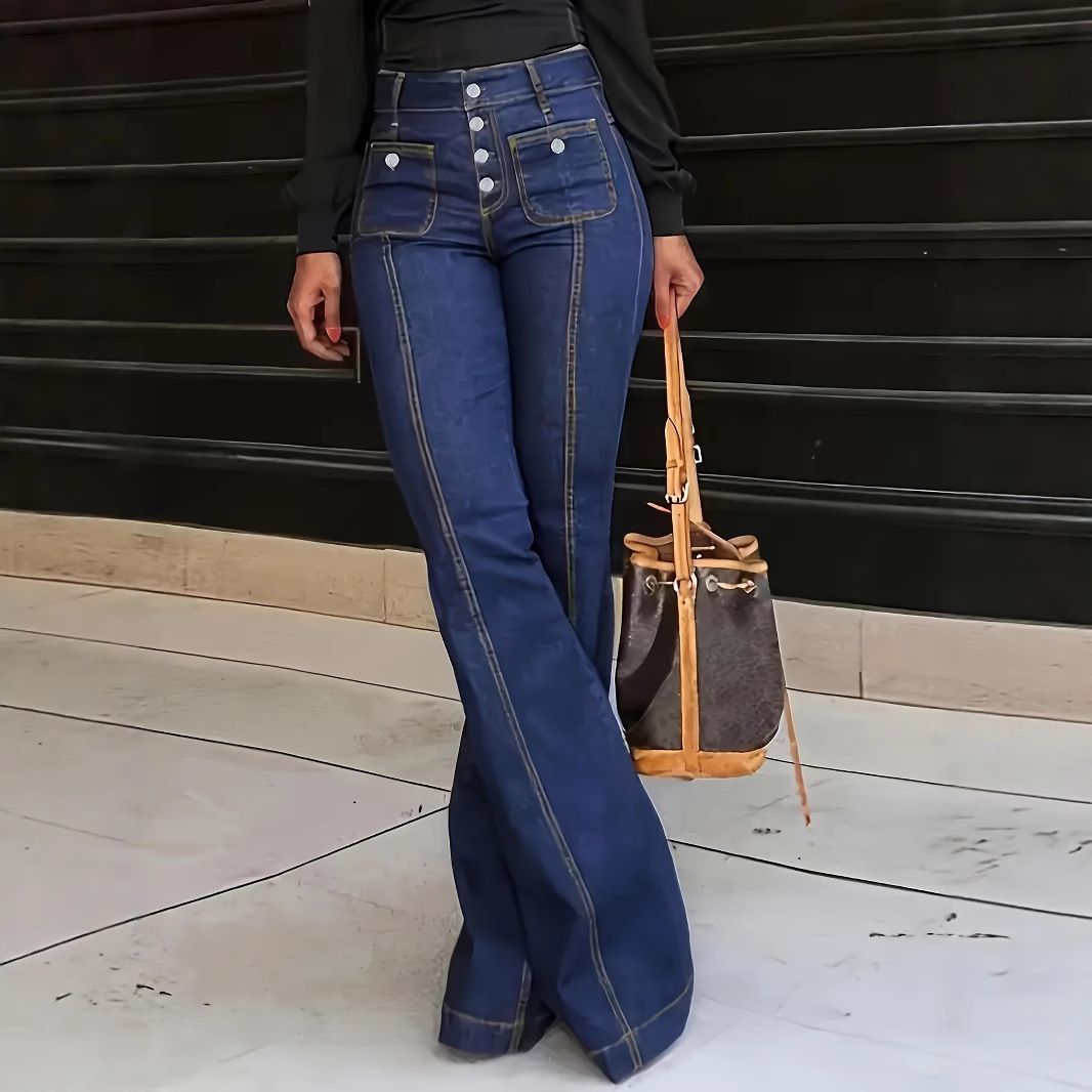 Women's Button down Elastic Flared Jeans European American Style Casual Cotton Denim Jeans for Spring/Autumn Summer_mkmklike.com