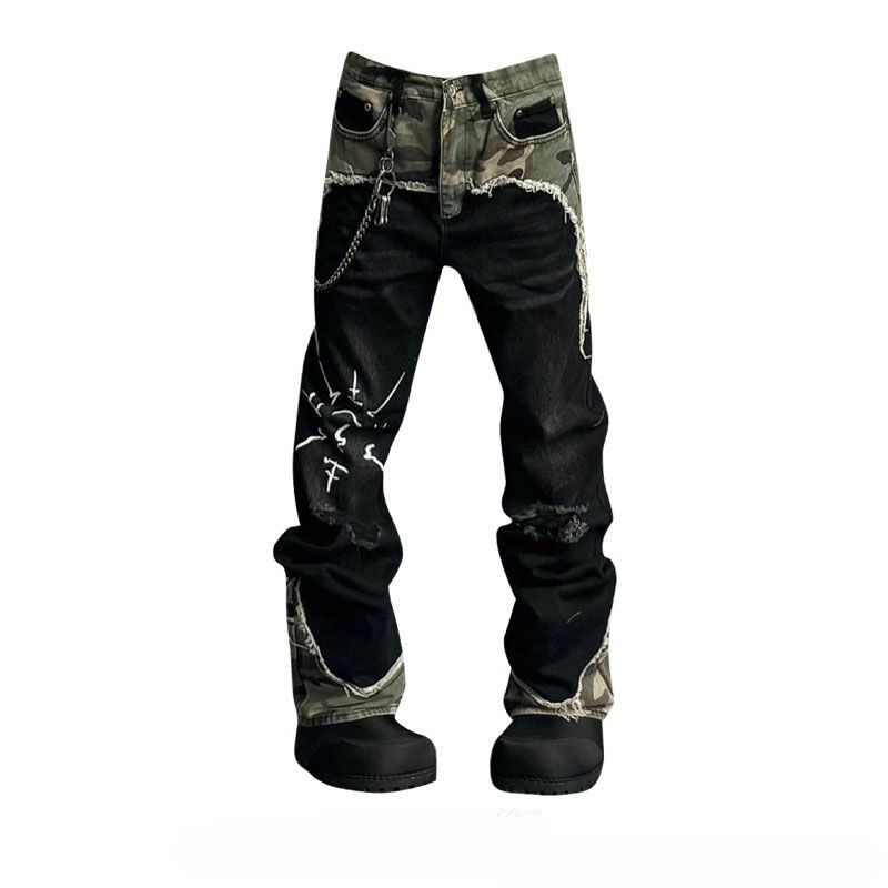 Men's Clothing American Street Style Large Size Retro Camouflage Patchwork Jeans Women's Hip Hop Niche Straight Drape Casual Mopping Pants Trend_mkmklike.com