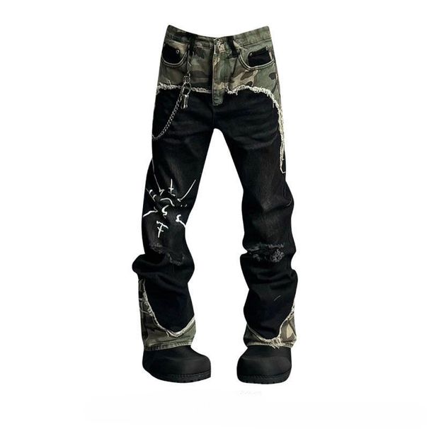 Men's Clothing American Street Style Large Size Retro Camouflage Patchwork Jeans Women's Hip Hop Niche Straight Drape Casual Mopping Pants Trend_mkmklike.com