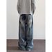 American Splashed Ink Ripped Jeans Men's High Street Lazy Style Straight Tube Loose Wide Leg Casual Pants_mkmklike.com