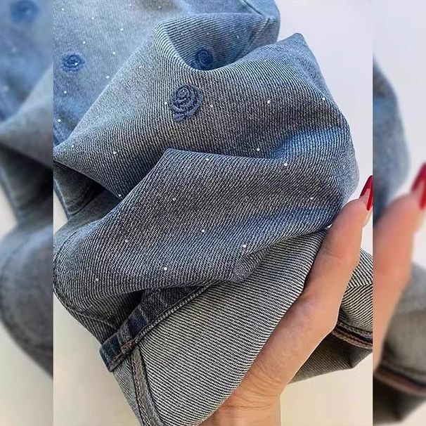 Vintage Embroidered Rhinestone Rose Jeans High Waisted Flared Wide Leg Pants, Comfortable Cotton Denim With Stretch Casual Style For Pear Shape_mkmklike.com