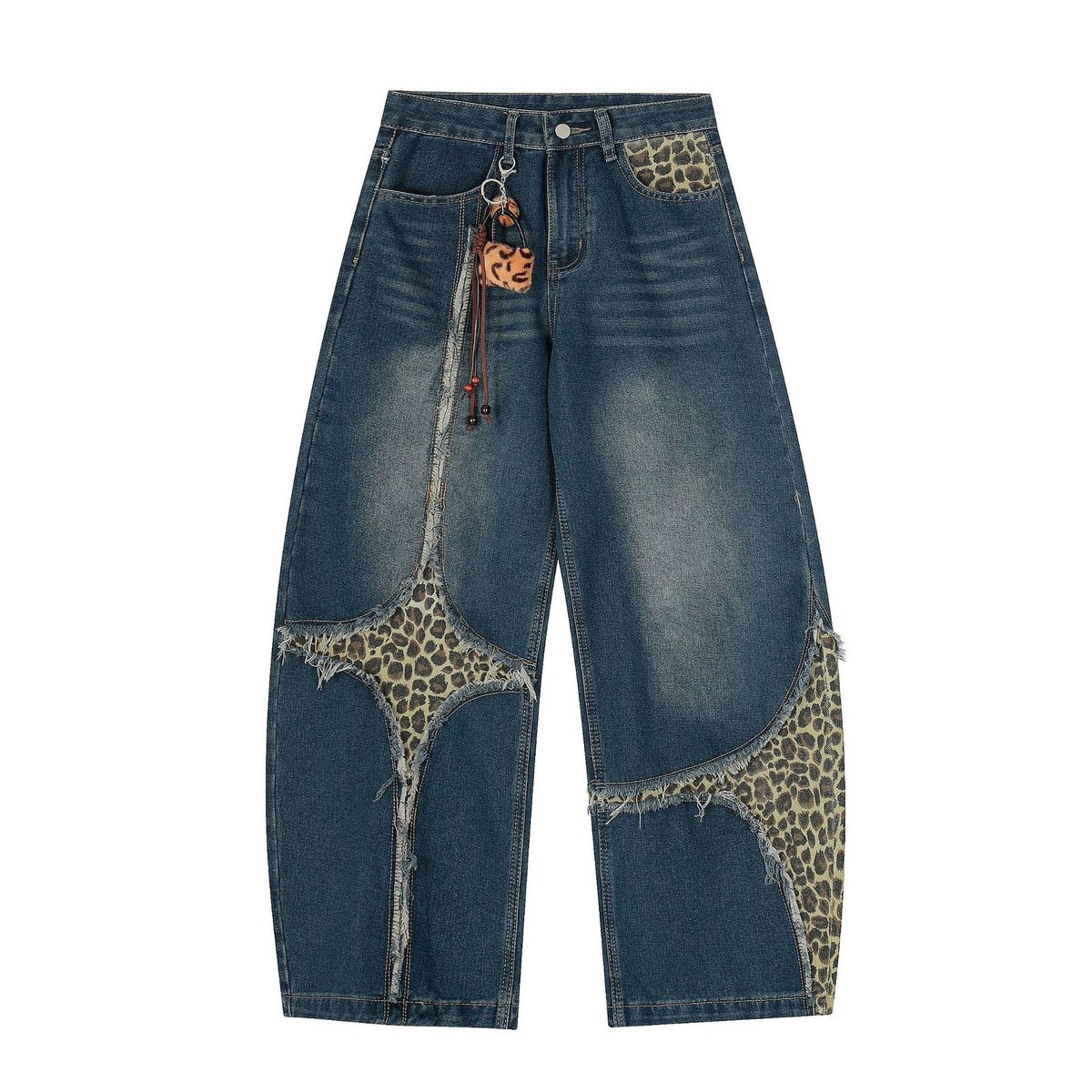 Vintage Leopard Print Patchwork Bowie Jeans – Unisex Oversized Distressed Denim Pants With Drop-Crotch & Flared Hem (S-XL)_mkmklike.com