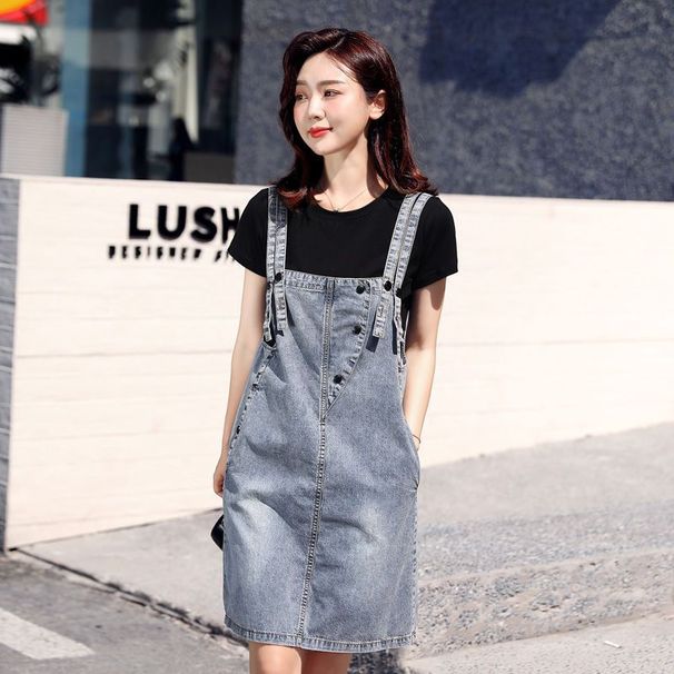 Fashion Denim Two-Piece For Women's 2025 Summer New A-Line Skirt, Anti-Aging And Stylish Suspender Dress Set_mkmklike.com