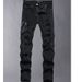 Men's Black Stretch Skinny Jeans Ripped Details Leather Patches Distressed Denim Casual Wear Pants_mkmklike.com