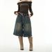 Vintage Washed Denim Shorts For Men & Women - Retro High Waisted Carpenter Capri Pants, Distressed Details, Unisex Casual Summer Style_mkmklike.com