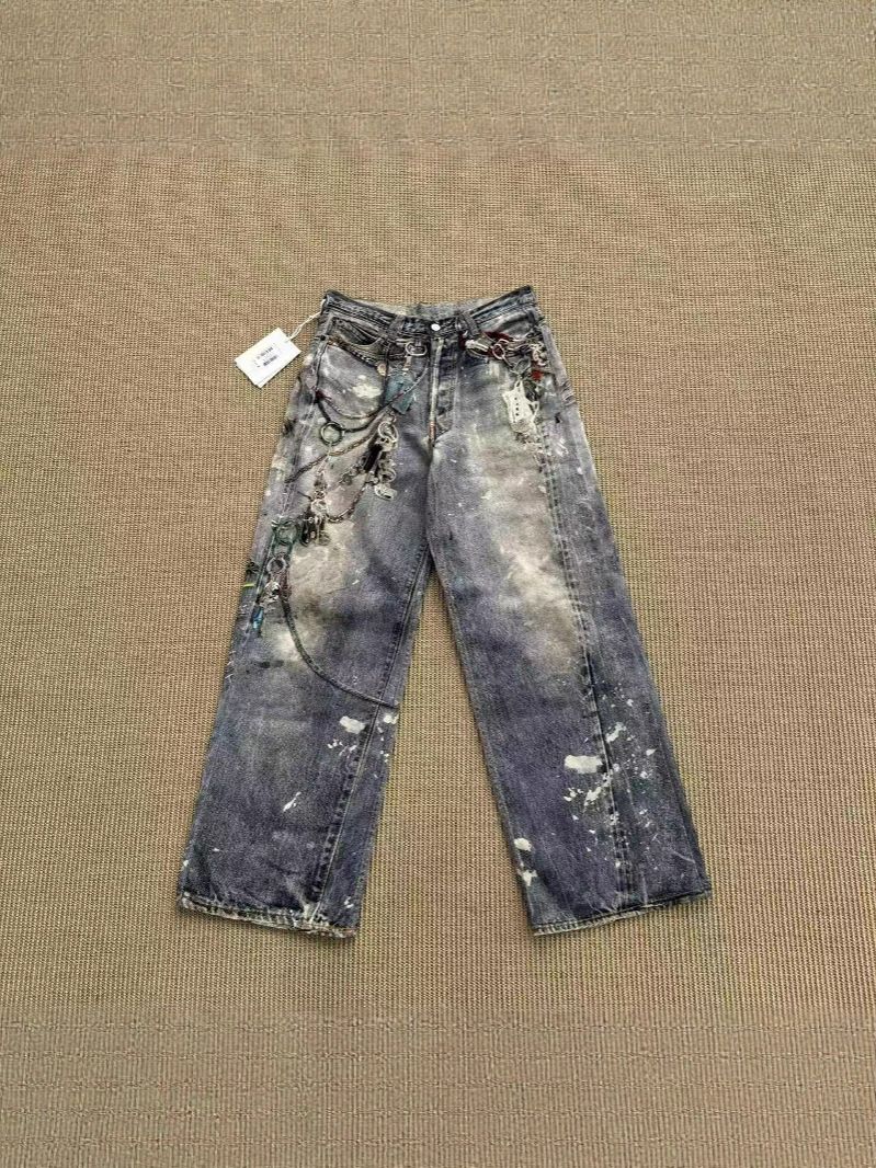 Men's Clothing Acne Style Distressed Graffiti Heavy Industry Wasteland Style Illusion Inkjet 3D Printed Keychain Jeans For Men And Women_mkmklike.com