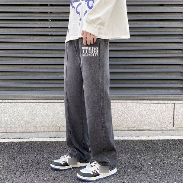 Men's Loose Straight-Leg Vintage Denim Jeans American Streetwear High Street Fashion Charcoal Blue S-3XL_mkmklike.com