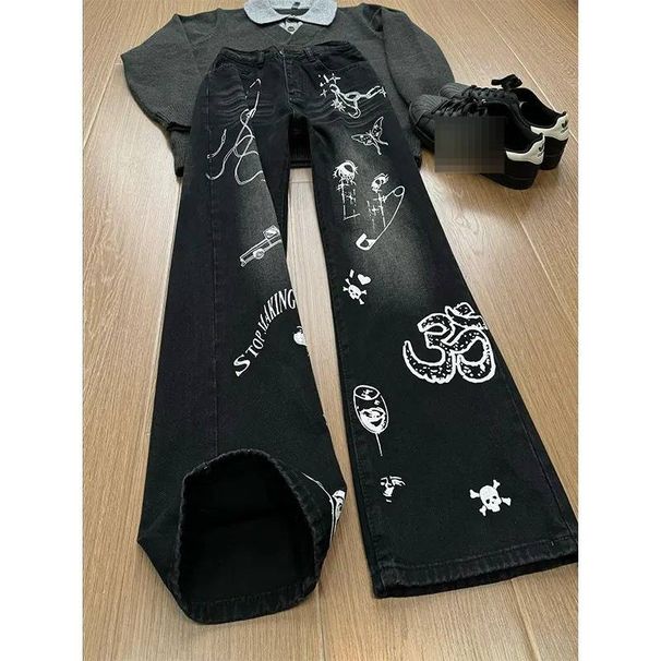 Men's Clothing American Hip Hop Graffiti Jeans High Street Style Wide Leg Straight Leg Bootcut Pants Cool And Stylish New Spring_mkmklike.com