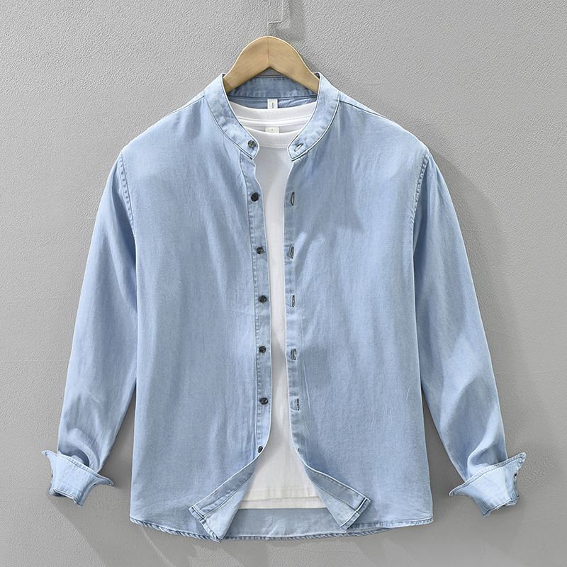 Retro Denim Stand Up Collar Long Sleeved Shirt Men's Casual Casual Loose Top_mkmklike.com