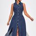 K Women's Open Cut Sleeveless Waist Cinched New Denim Dress_mkmklike.com